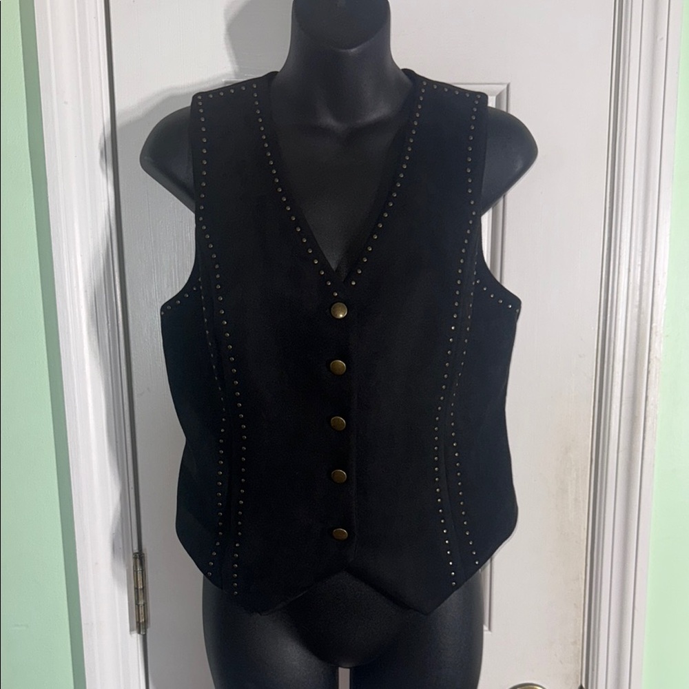 Moa Moa Studded Black Faux Suede Button Vest Biker Western Stylish Size Large